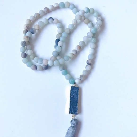 Amazonite & Druzy Bar Mala Bead Necklace w/ Tassel - Picture 5 of 8